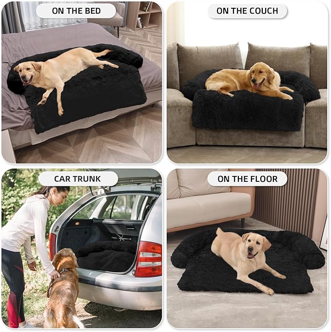 GGIB Calming Dog Bed Fluffy Plush Dog Mat for Furniture Protector with Removable Washable Cover for Large Medium Small Dogs and Cats (Extra Large (53x39.3x6), Black)