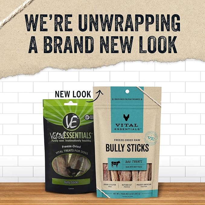 Vital Essentials Bully Sticks Dog Treats, 1.4 oz | Freeze-Dried Raw | Single Ingredient | Premium Quality High Protein Training Treats | Grain Free, Gluten Free, Filler Free