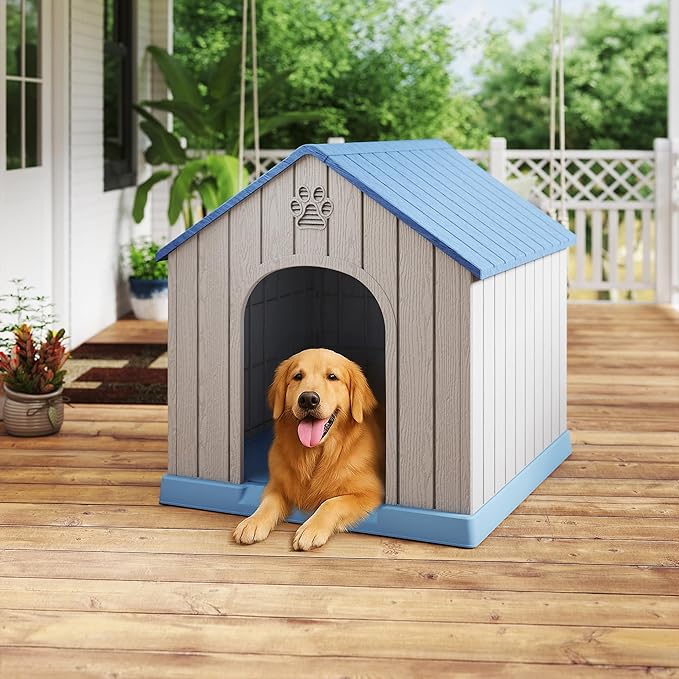 DRATO Indoor Outdoor Waterproof Dog House,PP Material,Puppy Shelter with Air Vents and Elevated Floor,Sturdy Dog Kennel for Small to Large Sized Dogs, Easy to Assemble (Blue, 38.62×36.26×38.07 Inches)