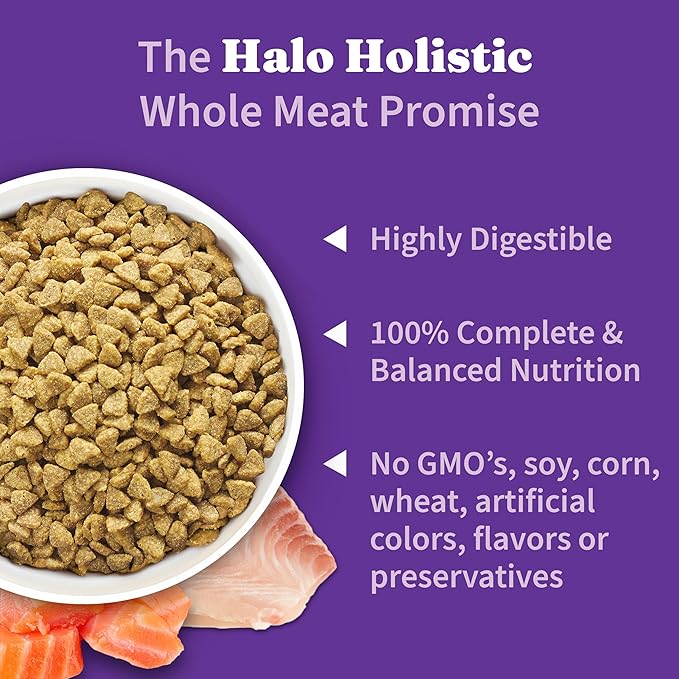 Halo Holistic Indoor Cat Food Dry, Grain Free Wild-caught Salmon & Whitefish Recipe for healthy weight support, Complete Digestive Health, Dry Cat Food Bag, Adult Formula, 6-lb Bag