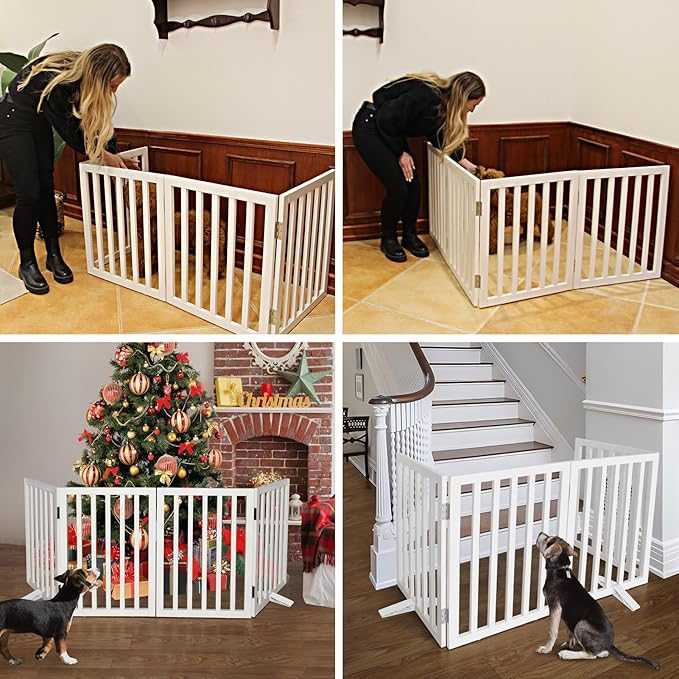 ZJSF Freestanding Indoor Dog Gate for House Foldable Wood White Puppy Gate for Doorways Pet Gate for Stairs Extra Wide Pet Fence 24" Height 6 Panels