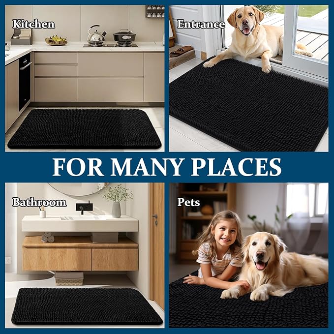 OLANLY Dog Door Mat for Muddy Paws 47x17, Absorbs Moisture and Dirt, Absorbent Non-Slip Washable Doormat, Quick Dry Chenille Mud Mat for Dogs, Entry Indoor Entryway Carpet for Inside Floor, Black