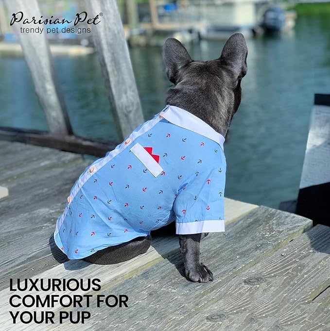 Parisian Pet Dog Shirt - Dog Nautical Costume - 100% Cotton Anchor Dog Clothes - Sleeved Doggie Shirt - Blue and White Dog Costumes for Small Dogs S