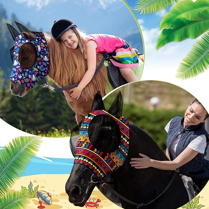 Frienda 4 Pieces Horse Fly Masks with Ears Face Covering UV Protection from Insect Pests Elasticity Smooth Comfortable Mesh Horse Mask Accessories(Geometric,Medium)
