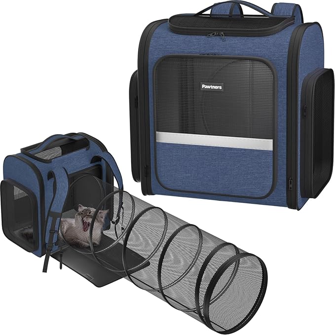 Pawtners Cat Carrier Backpacks Expandable Pet Backpack with Breathable Mesh, Pet Carrier Backpack for Cats Small Dogs Puppies Up to 18 Lbs, Dog Carrier Backpack for Travel Hiking Camping Outdoor Blue