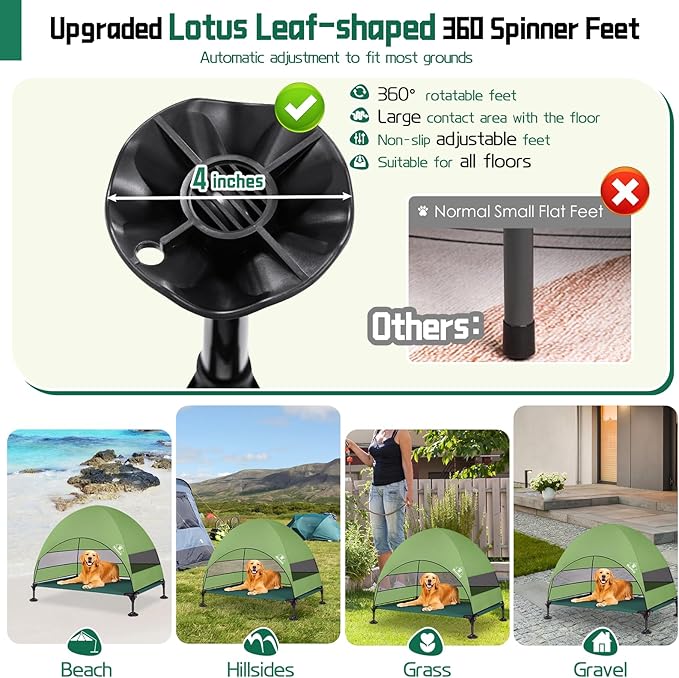 Elevated Outdoor Dog Bed with Canopy & Adjustable Feet - Larger Shade for Camping, Backyard & Patio