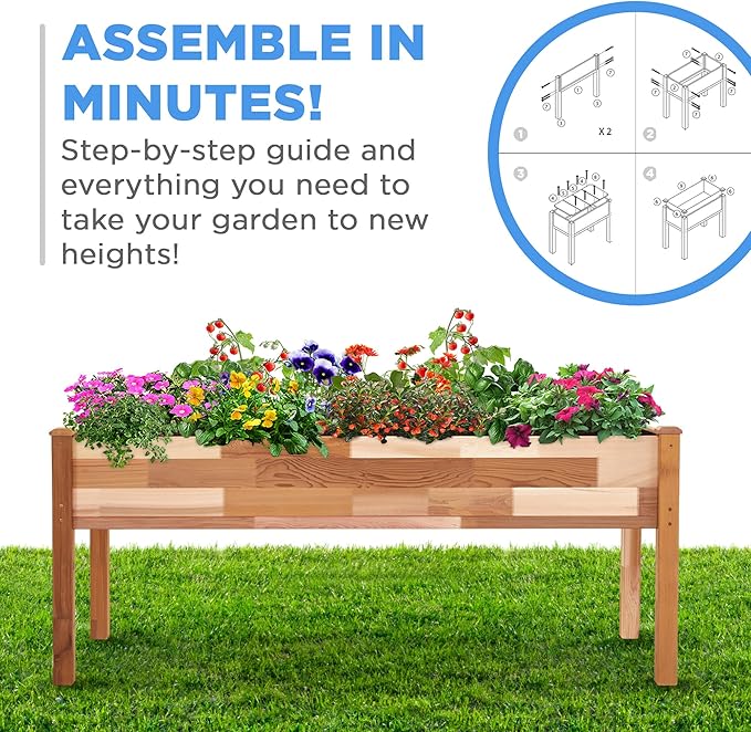 Jumbl Raised Canadian Cedar Garden Bed | Elevated Wood Planter for Growing Fresh Herbs, Vegetables, Flowers, Succulents | 72x23x30”