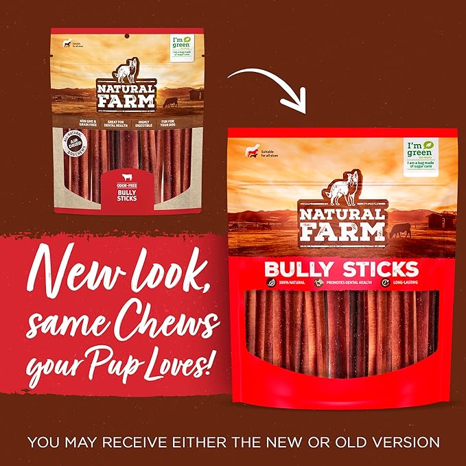 Natural Farm Odor Free Jumbo Bully Sticks (12 Inch, 5 Pack), Extra-Thick Chews for Dogs, Fully Digestible 100% Beef Treats, Supports Dental Health, Keep Your Dog Busy with 50% Longer Lasting Chews…