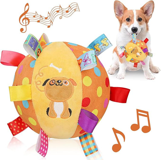 Dog Squeaky Plush Toy with Straps, 6-Inch Soft Stuffed Ball with Cotton Material and Bell Built-in, Pet Interactive Fetch Toy for Small to Large Dog