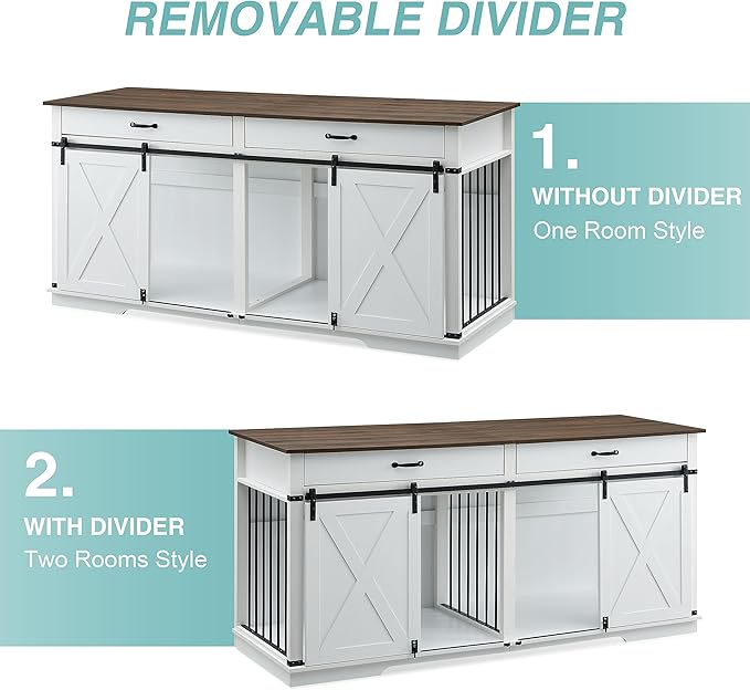 EDYO LIVING 72.5" Large Dog Crate Furniture for 2 Dogs, Wooden Dog Kennel with Drawers, Divider, Sliding Barn Door, Water Resistant Indoor Furniture Style Double Dog Crates, White