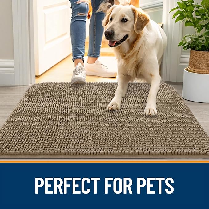 OLANLY Dog Door Mat for Muddy Paws 24x16, Absorbs Moisture and Dirt, Absorbent Non-Slip Washable Doormat, Quick Dry Chenille Mud Mat for Dogs, Entry Indoor Entryway Carpet for Inside Floor, Tan