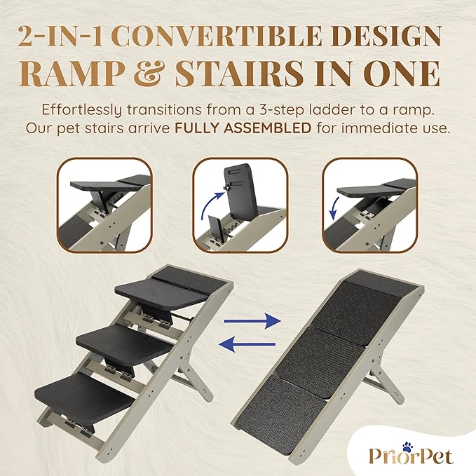 Dog Steps for Bed & Couch 2-in-1 Dog Stairs/Ramp - Height Adjustable Dog Ramp for Couch 7” - 20” - Pet Stairs, Dog Stairs for Small Dogs - Easy to Move Pet Steps with Landing Platform, Gray