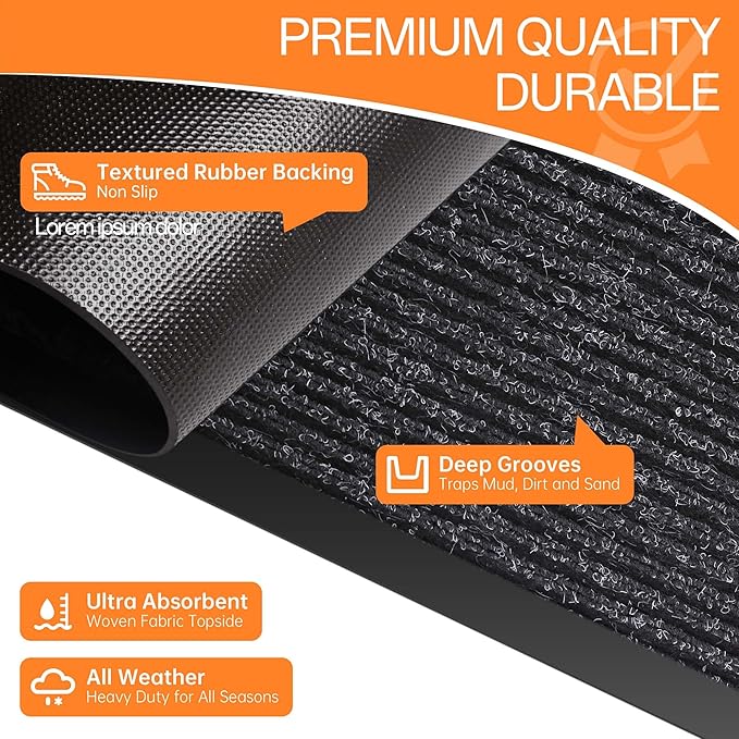 Indoor Outdoor Door Mat, 10' x 3' Doormat for Entryway, Rubber Backing Non Slip Front Door Mat Outside Entrance, Super Absorbent Commercial Floor Mat for Home Office, Black