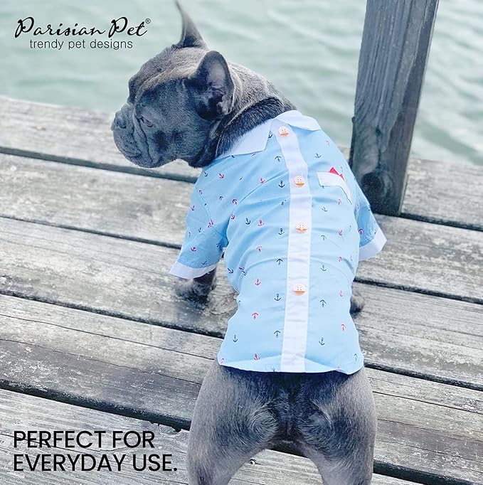 Parisian Pet Nautical Dog Shirt - 100% Cotton Anchor Clothes - Bleach and White - Sleeved - Medium