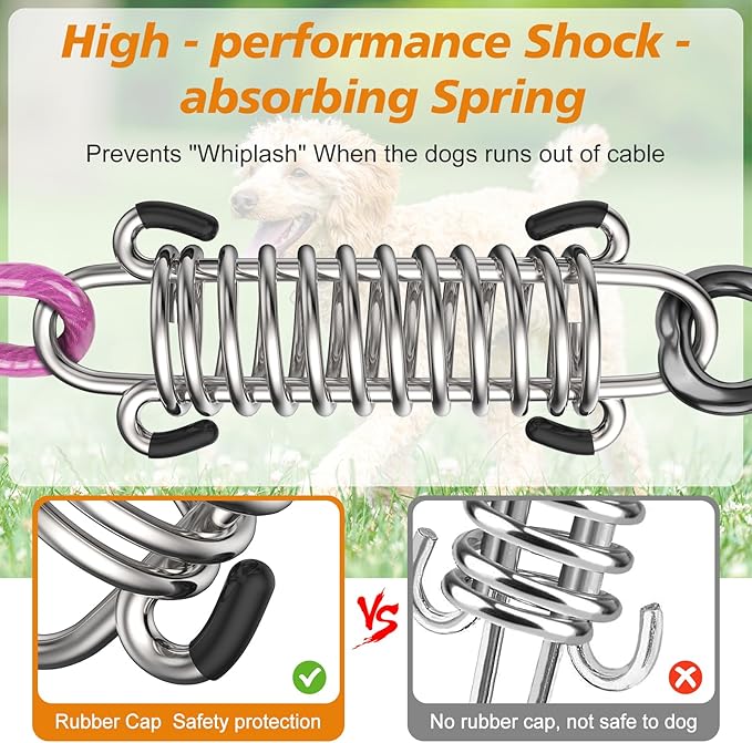 Tresbro 100FT Dog Tie Out Cable with Spring, Shock Absorbing Tether Chains for Outside Aavilable in 10/15/20/25/30/40/50/70/100/120 FT, Heavy Duty Leads for Yard for Medium & Large Dogs Up to 500 LBS