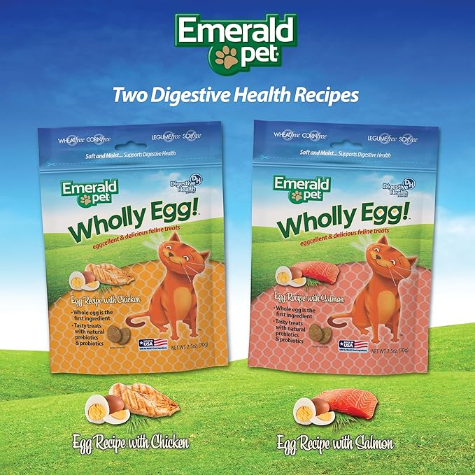 Emerald Pet Wholly Egg Digestive Health Cat Treats - Soft and Moist cat Treats for Healthy Digestion - Natural Prebiotics and Probiotics for cat Digestion - Chicken Treats, 2.5 oz