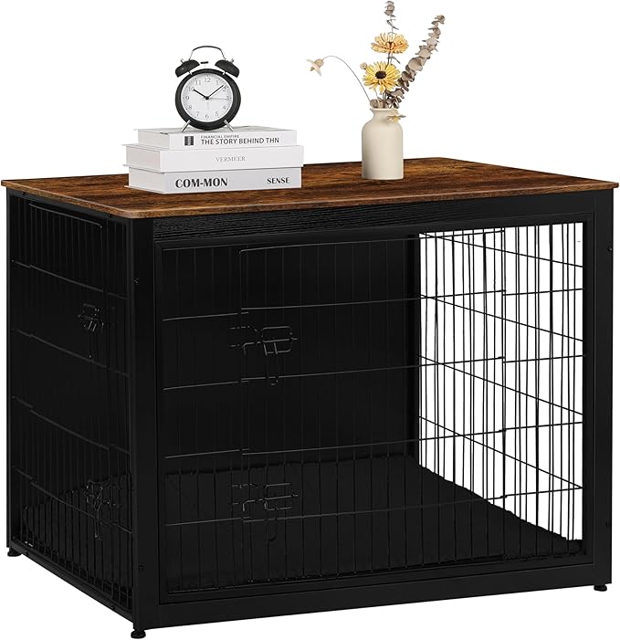DWANTON Dog Crate Furniture with Cushion, Wooden Kennel Table with Double Doors, Indoor Dog House, Extra Large Size, 43.3" L, Black+Rustic Brown