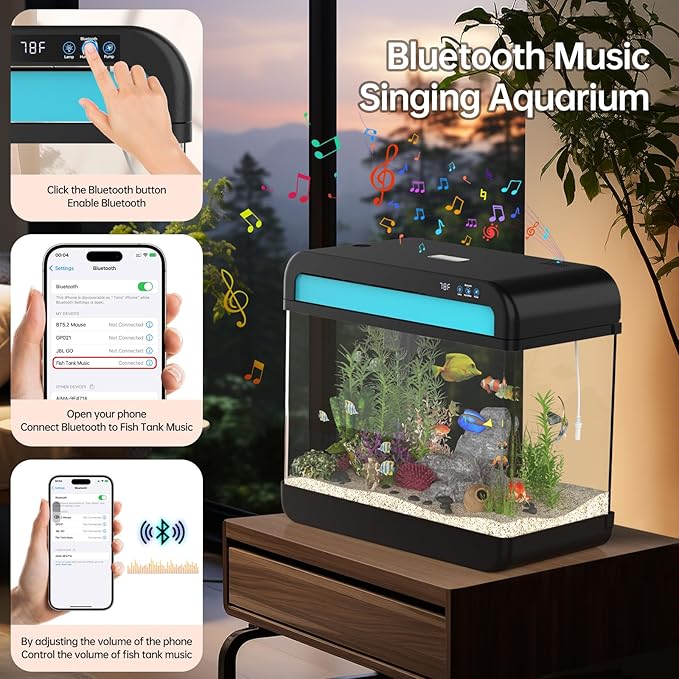 Fish Tank Aquarium 6.3 Gallon Fish Bowl with Music Humidifier 7 Color Auto-Looping Light Adjustable Quiet Pump, Temperature Display, Bottom Water Changer, HD Float Glass, Leak-Proof Thickened Base
