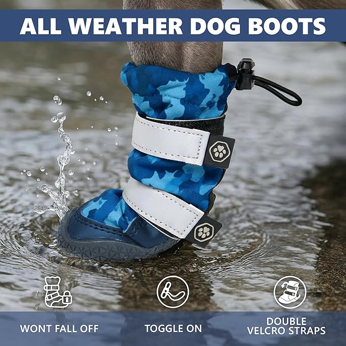 Spark Paws Dog Shoes, Waterproof Dog Boots for Medium to Large Dogs, Non Slip, Breathable Dog Booties and Paw Protectors - 4PCS Doggie Hiking Boots with Reflective Straps, Blue Camo, Size 8
