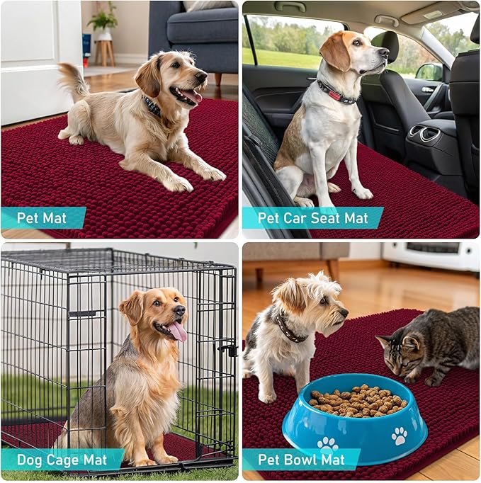 OLANLY Dog Door Mat for Muddy Paws 70x24, Absorbs Moisture and Dirt, Absorbent Non-Slip Washable Doormat, Quick Dry Chenille Mud Mat for Dogs, Entry Indoor Entryway Carpet for Inside Floor, Burgundy