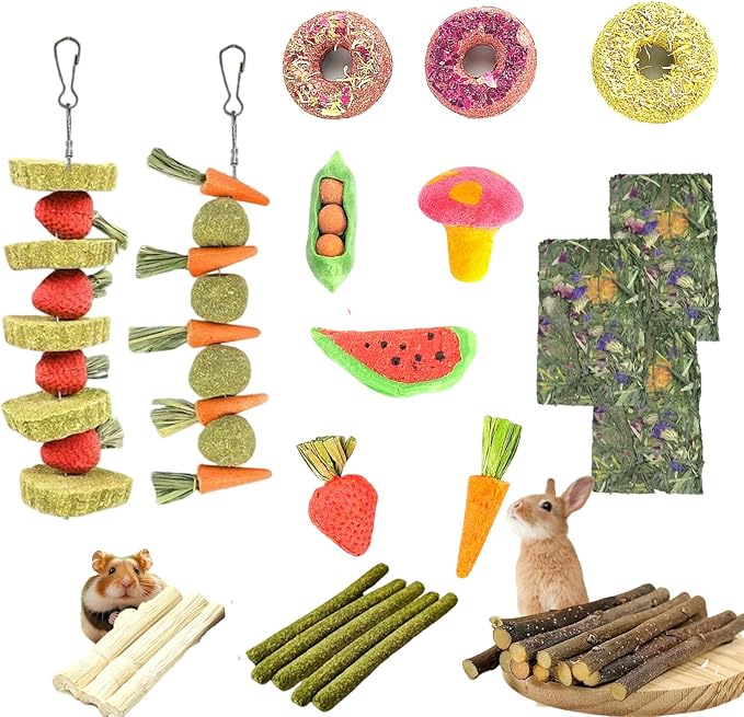 31 Pcs Small Pet Chew Toys for Dental Health - Natural Apple Wood, Timothy Grass Sticks & Sweet Bamboo, Teeth Grinding Toys for Rabbits, Guinea Pigs, Hamsters, Chinchillas Cage Accessories