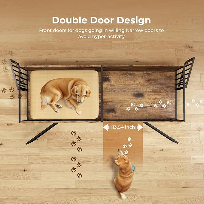 63 in Dog Crate Furniture for 2 Large/Medium Dogs with Removable Divider, Extra Large Double Doors Dog Kennel, XXL Thick Wooden Dog Cage Furniture,Sturdy and Durable, Brown