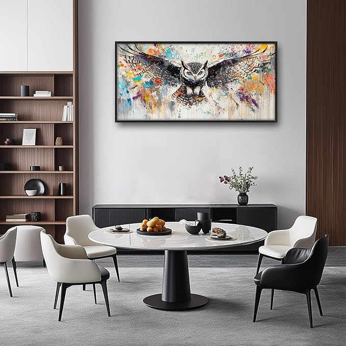 Large Owl Wall Art for Living Room, Framed Oversized Banksy Owl Wall Decor Colorful Wildlife Canvas Painting Animal Pictures Modern Artwork for Living Room Bathroom Bedroom Office Dining Room 60"x30"