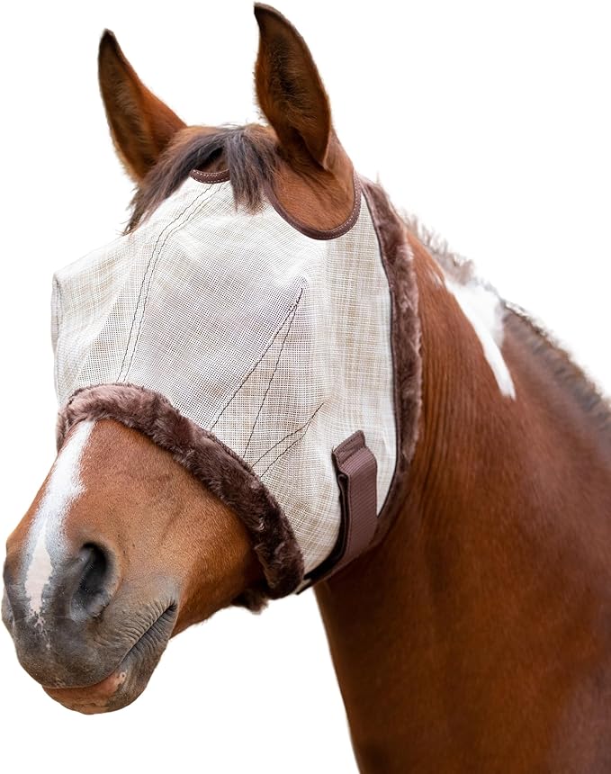 Kensington UV Fly Mask with Fleece Trim - Protective Mask with Dual Ear Opening & Forelock Freedom - Medium, Desert Sand