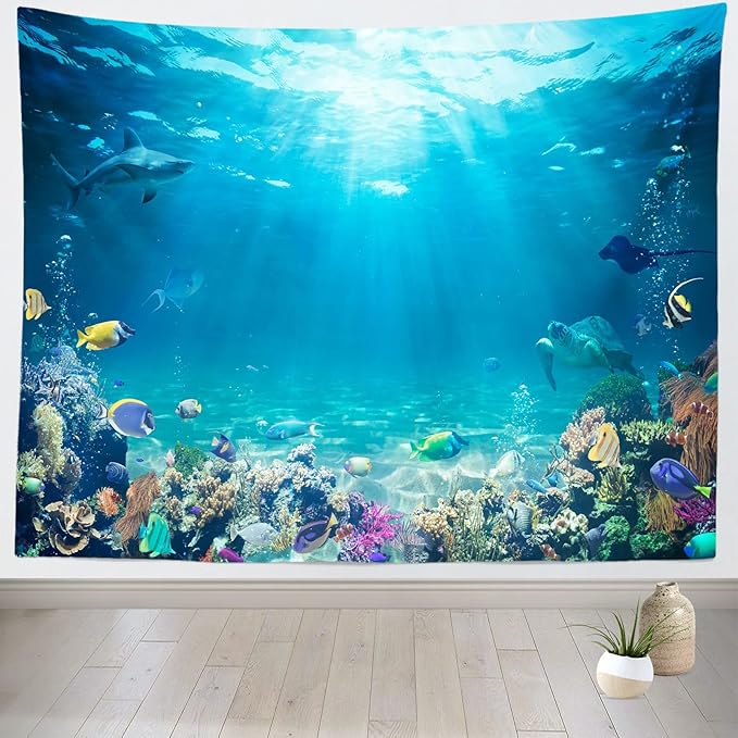 Loccor Underwater World Tapestry Blue Ocean Wall Hanging Under the Sea Coral Reef Wall Tapestry Tropical Fish Tank Undersea Tapestries Marine Wall Art for Bedroom Living Room Dorm Decor 92x70 Inches