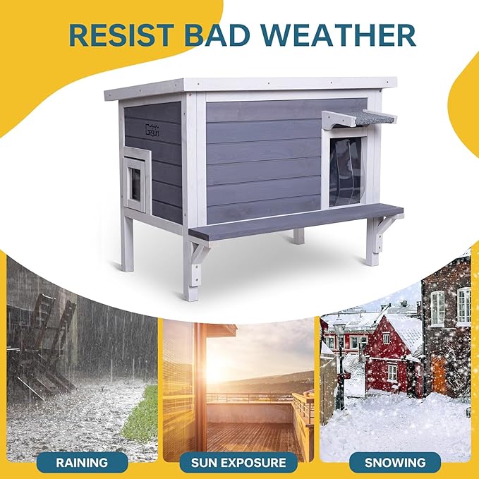 GEGURI Insulated Cat House Outdoor Weatherproof Feral Cat Shelter for Winter Large Wooden Enclosure with Escape Door