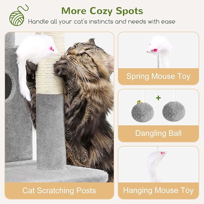 Globlazer Cat Tree Tower for Indoor Cats, 50-inch Adult Cat Tree House for Large Adult Cats with Steps, Scratching Post, 2 Cat Caves, Dangling Toys, FC50, Light Grey