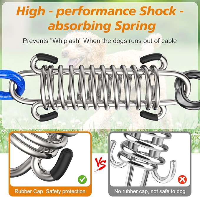Tresbro 30 FT Dog Tie Out Cable with Spring, Shock Absorbing Tether Chains for Outside Aavilable in 10/15/20/25/30/40/50/70/100/120 FT, Heavy Duty Leads for Yard for Medium & Large Dogs Up to 500 LBS