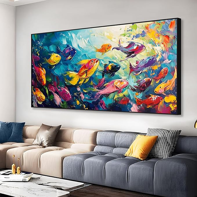 School of Fish Printed Canvas Wall Art – Framed Abstract Ocean Print – Vibrant Fish Wall Decor for Living Room, Bedroom, Office (Gold Framed, 62"x31"|160x80cm)