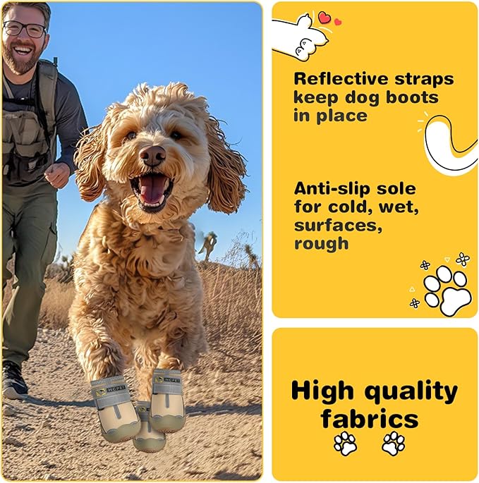 Hcpet Dog Shoes for Large Dogs, Waterproof Dog Booties for Small Medium Dogs, Anti-Slip Dog Boots & Paw Protectors for Hot Pavement Winter Snow Hiking with Reflective Straps Khaki Size 5