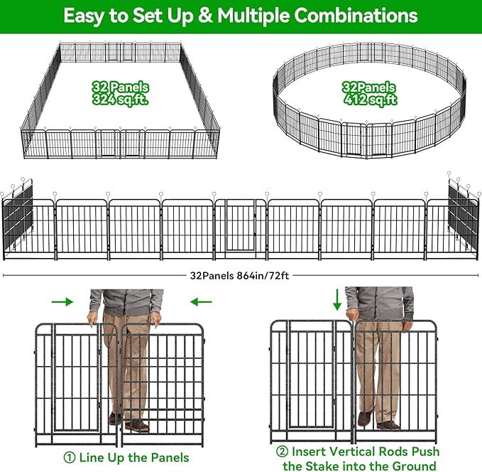 Dog Playpen Outdoor 32 Panels Heavy Duty Dog Fence 32" Height with Thick Pipe Anti-Rust with Doors Portable for RV Camping Yard, Total 71FT, 406 Sq.ft, Snowy Black