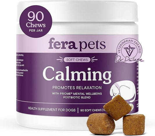 Fera Pets Dog Calming Chews with Ashwagandha & Priome® Mental Wellbeing Postbiotic Blend - Supports Anxiety Relief - Promotes Relaxation - 90 Soft Chews
