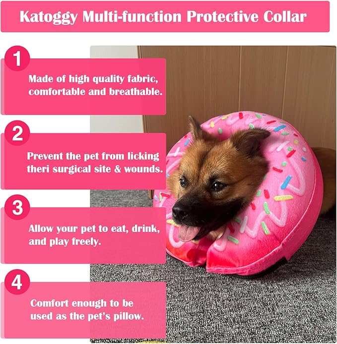 Katoggy Inflatable Dog Cone Collar for Dogs After Surgery, Soft Adjustable Blow up Donut Dog E-Collar for Small Medium Large Dog and Cats,Pink Donut