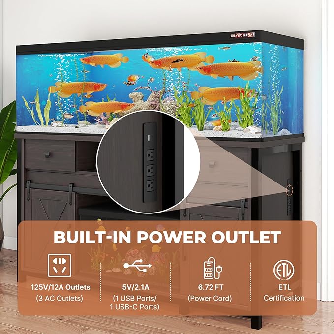Miereirl 75-120 Gallon Fish Tank Stand with Power Outlet – Heavy Duty Aquarium Stand, Rustic Farmhouse Style, 1000 lb Capacity, Adjustable Storage & Sliding Barn Doors, Dark Brown