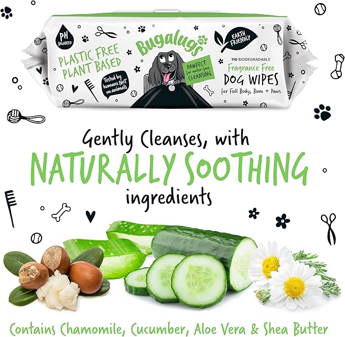 Dog Wipes, 100% Plastic Free Biodegradable pet Wipes for Full Body, Eye Wipes, Ear Wipes, Bum & Paws. 110 Sensitive Dog Grooming Wipes for Dogs, Puppy & cat Grooming (Fragrance Free)