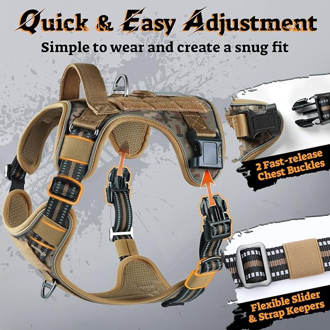 rabbitgoo Dog Harness Small Sized No Pull, Tactical Service Pet Vest with Molle and Control Handle, Adjustable and Reflective Military Harness for Easy Walking and Training, Desert camo, S
