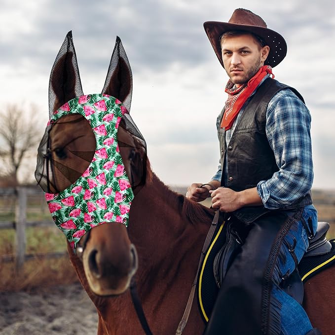 Frienda 4 Pieces Horse Fly Masks with Ears Face Covering UV Protection from Insect Pests Elasticity Smooth Comfortable Mesh Horse Mask Accessories(Fruit,Medium)