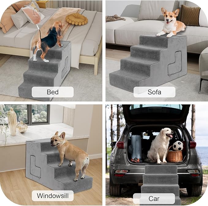 Dog Stairs for Small Dogs 27”H, 6-Step Dog Steps for High Bed, High-Density Foam Pet Stairs with Non-Slip Removable Washable Cover to Get on Bed