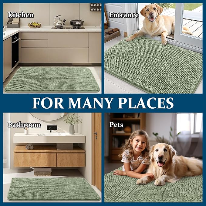 OLANLY Dog Door Mat Set 4-Piece 36x24, Absorbs Moisture and Dirt, Absorbent Non-Slip Washable Doormat, Quick Dry Chenille Mud Mat for Dogs, Entry Indoor Entryway Carpet for Inside Floor, Sage Green