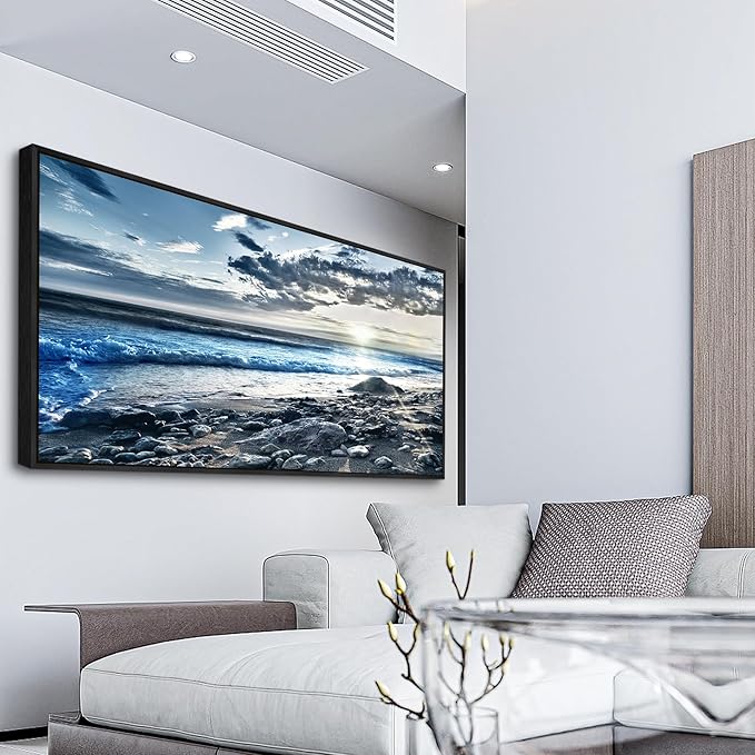 Wapluam Large Canvas Prints Wall Decorations For Living Room Wall Art For Bedroom Office Wall Decor Scenery Wall Painting Blue Sea Pictures Artwork For Fashion Black Framed Beach Posters Home Decor