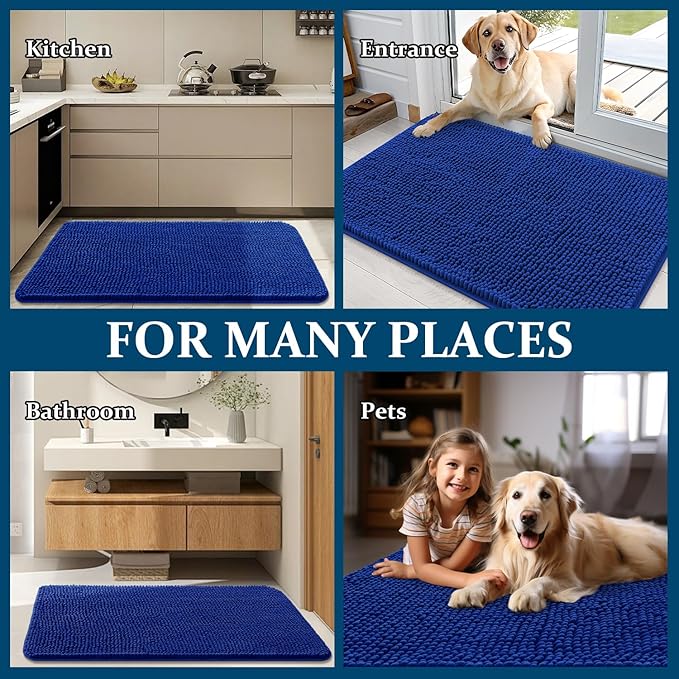 OLANLY Dog Door Mat for Muddy Paws 24x16, Absorbs Moisture and Dirt, Absorbent Non-Slip Washable Doormat, Quick Dry Chenille Mud Mat for Dogs, Entry Indoor Entryway Carpet for Inside Floor, Royal Blue