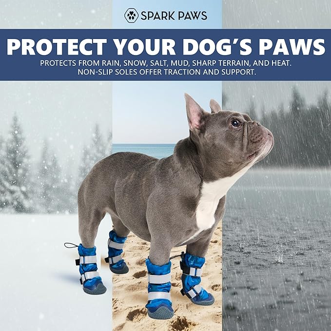 Spark Paws Dog Shoes, Waterproof Dog Boots for Medium to Large Dogs, Non Slip, Breathable Dog Booties and Paw Protectors - 4PCS Doggie Hiking Boots with Reflective Straps, Blue Camo, Size 3