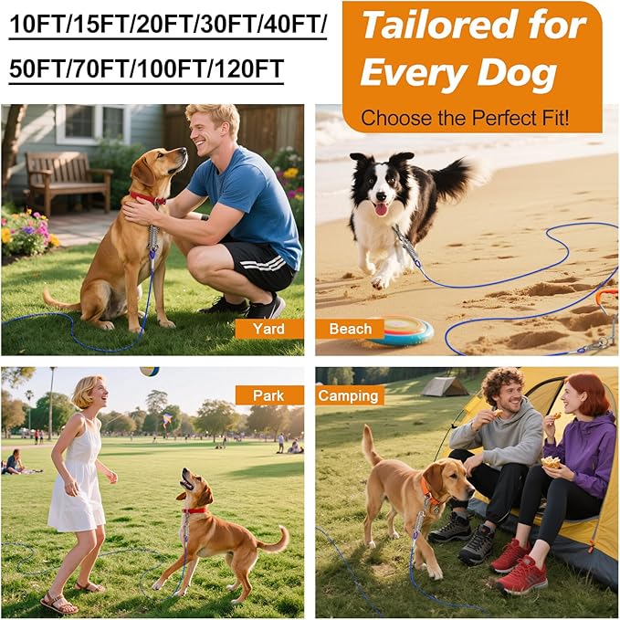 Tresbro 50 FT Dog Tie Out Cable with Spring, Shock Absorbing Tether Chains for Outside Aavilable in 10/15/20/25/30/40/50/70/100/120 FT, Heavy Duty Leads for Yard for Medium & Large Dogs Up to 500 LBS