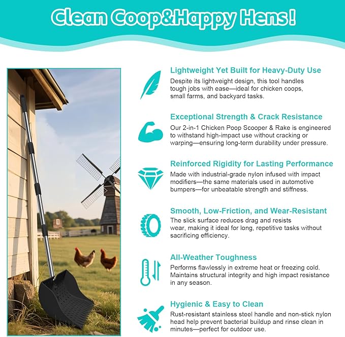 12-Inch 2-in-1 Chicken Poop Scooper & Rake – US Patent Pending – 3-Shape Sifting Holes Chicken Coop Rake，Stainless Steel Handle （20–61"）– Litter Scoop Sand & Sifting Shovel for Chicken Coops (Black)