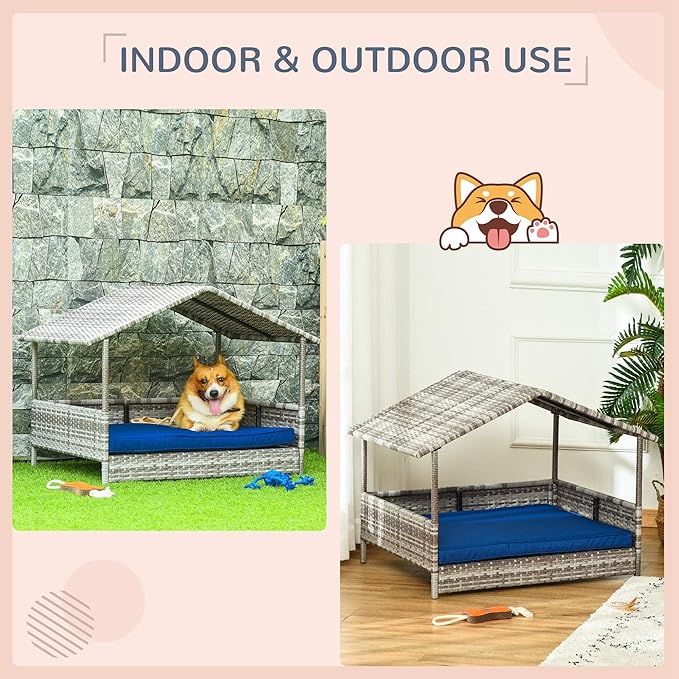 PawHut Wicker Dog House Outdoor with Canopy, Rattan Dog Bed with Water-Resistant Cushion, Raised Dog Bed for Small, Medium Dogs up to 66 lbs, 19.75" in Length, Gradient Gray Wicker, Dark Blue Cushion