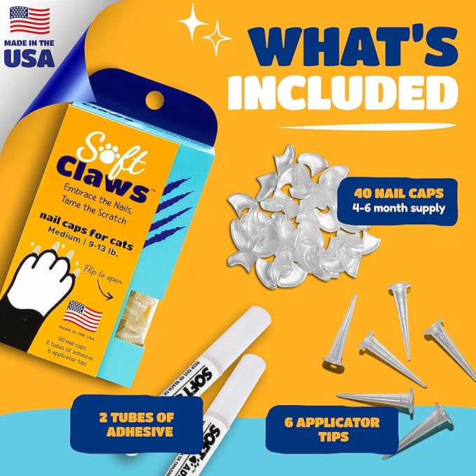 Soft Claws Cat Nail Caps for Medium Cats – (40 Caps, Blue & Orange) - Made in USA - Veterinarian-Developed | Protects Furniture & Skin - Easy to Apply, Long-Lasting Anti-Scratch Soft Cat Claw Covers